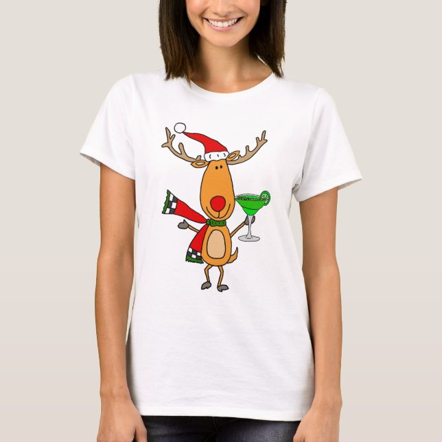Lustiges Ren, das Margarita-Weihnachtskunst trinkt T-Shirt (Vorderseite)