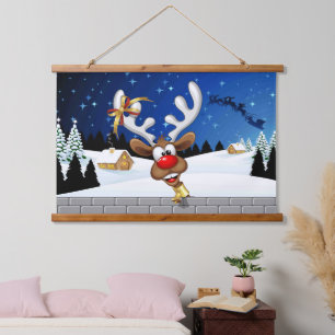 Lustiges Rentier-Gucken-Christmas-Meme Wandteppich Mit Holzrahmen
