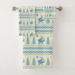 Lustiges Rentier Weihnachtsbaum Schnee Blau Muster Badhandtuch Set