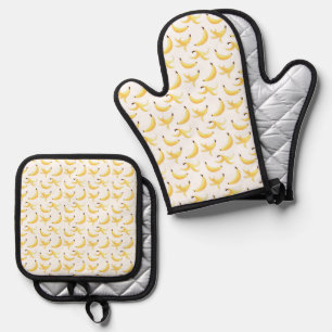 Lustiges Retro-gelbes Bananenmuster Party Editierb Ofenhandschuh & Topflappen-Set