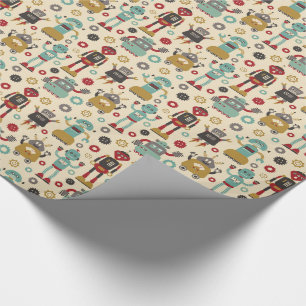 Lustiges Retro-Roboter-Illustrationsmuster (Creme) Geschenkpapier