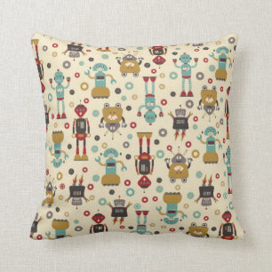 Lustiges Retro-Roboter-Illustrationsmuster (Creme) Kissen