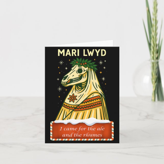 Lustiges Retro-Volksgutskelettpferd Mari Lwyd Yule Karte (Vorderseite)