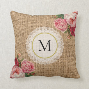 Lustiges rustikales Vintage-Blumen-Lace-Monogramm Kissen