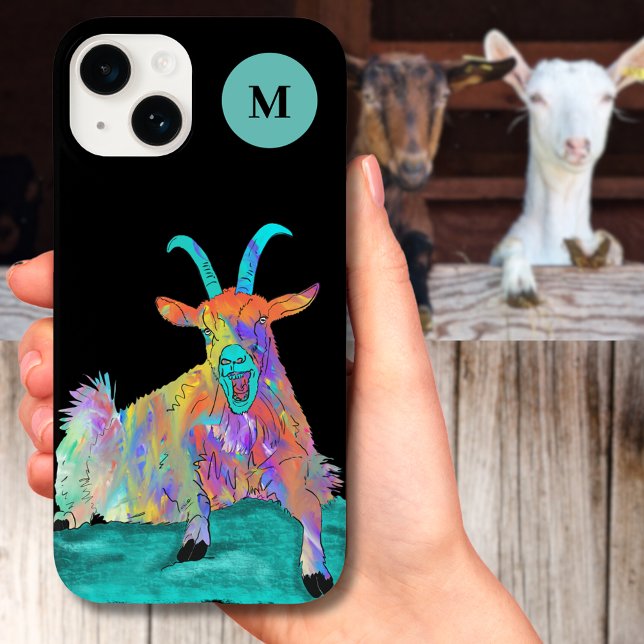 Lustiges schreiendes Ziegenmonogramm Anfangsbuchst Case-Mate iPhone Hülle (Funny screaming goat colorful farm animal illustration with monogram initial custom iPhone case)