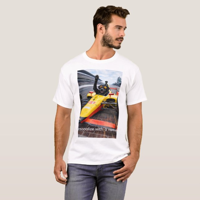 Lustiges Schwarz Lab Welpen Rennen IndyCar T-Shirt (Vorne ganz)