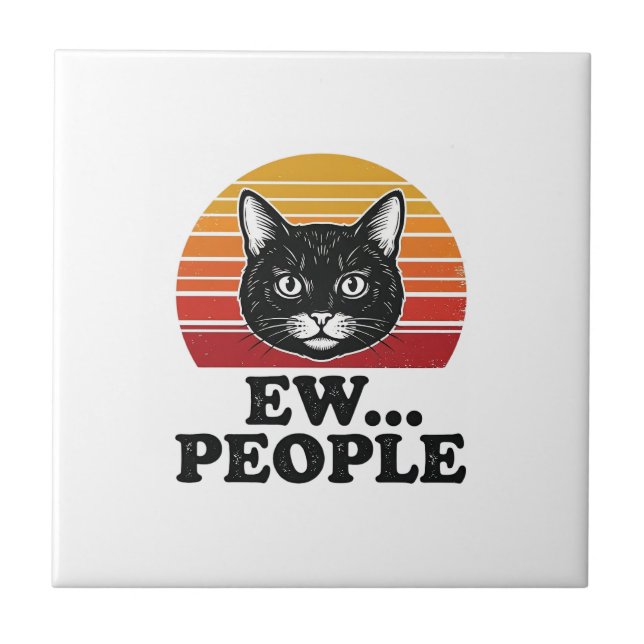 Lustiges Schwarzes Katze Ew Leute Retro Sonnenunte Fliese (Vorderseite)