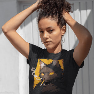 Lustiges schwarzes Katze T-Shirt, raucht Zigarette T-Shirt