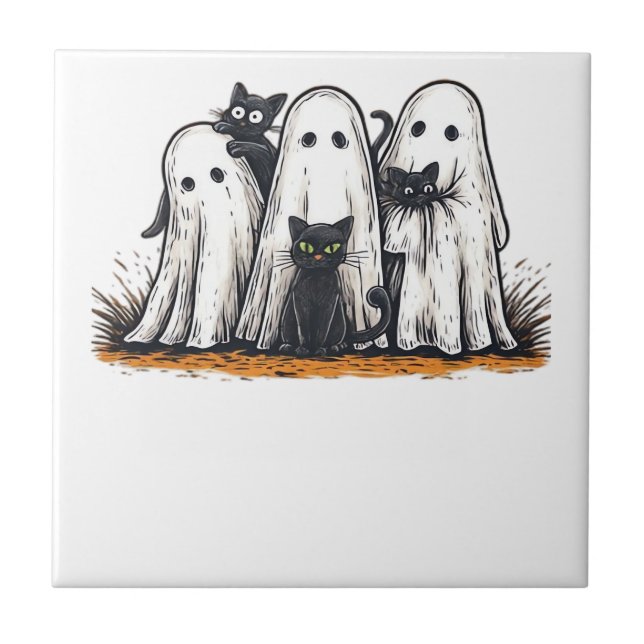 Lustiges schwarzes Katze und Geist Halloween Essen Fliese (Vorderseite)