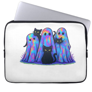 Lustiges schwarzes Katze und Geist Halloween Essen Laptopschutzhülle