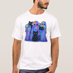 Lustiges schwarzes Katze und Geist Halloween Essen T-Shirt