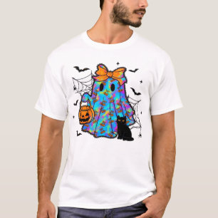 Lustiges schwarzes Katze und Geist Halloween Essen T-Shirt