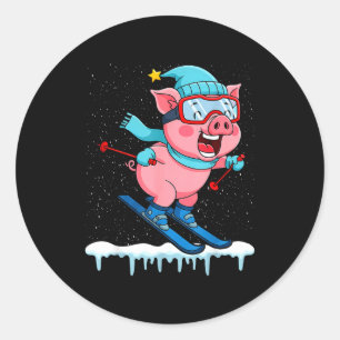 Lustiges Schwein fährt Ski-Design Winterferien Runder Aufkleber
