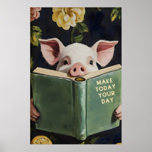 Lustiges Schwein liest Buch – Whimsical Farmhouse Poster