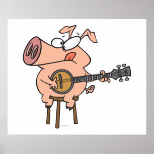 lustiges Schwein mit Banjo-Zeichentrickfigur Poster