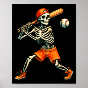 Lustiges Skelett schlägt Baseball Halloween Jungen Poster