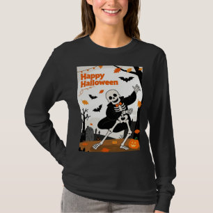 Lustiges Skelett tanzt mit "Happy Halloween"-Banne T-Shirt