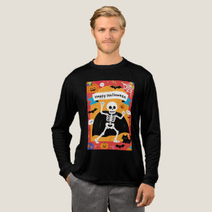 Lustiges Skelett tanzt mit "Happy Halloween"-Banne Tri-Blend Shirt