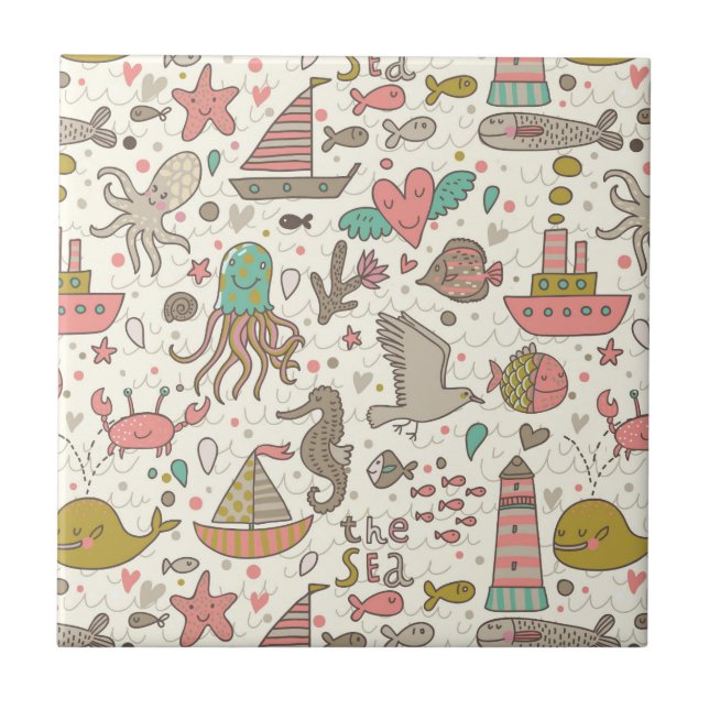 Lustiges Sommer-Muster mit Schiffen Fliese (Vorderseite)