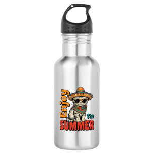 Lustiges Sommerkatze Sombrero Vintage Gravur Desig Edelstahlflasche