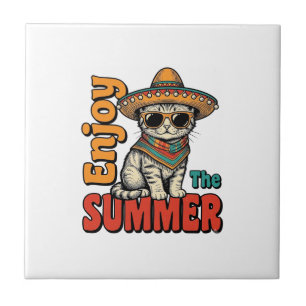 Lustiges Sommerkatze Sombrero Vintage Gravur Desig Fliese