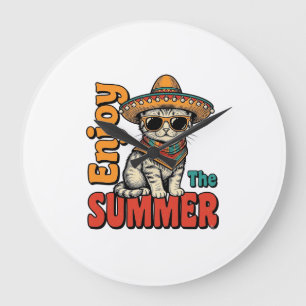 Lustiges Sommerkatze Sombrero Vintage Gravur Desig Große Wanduhr