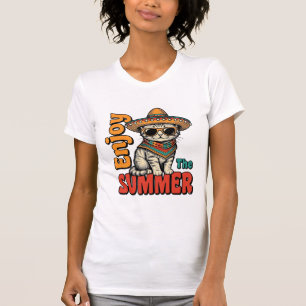 Lustiges Sommerkatze Sombrero Vintage Gravur Desig T-Shirt