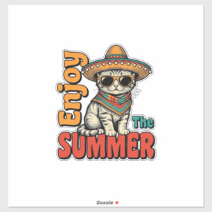 Lustiges Sommerkatzen-Sombrero Vintage-Gravurdesig Aufkleber