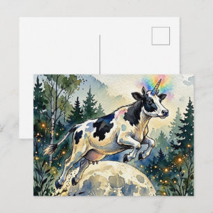 Lustiges Springen über den Mond Milchkuh Einhorn Postkarte