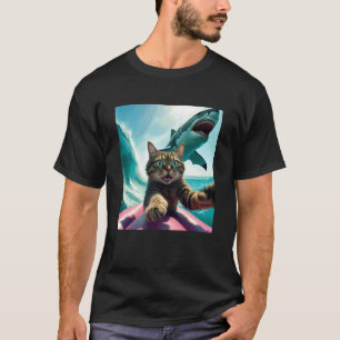 Lustiges Surfen Katze Selfie mit Hai Meme T-Shirt