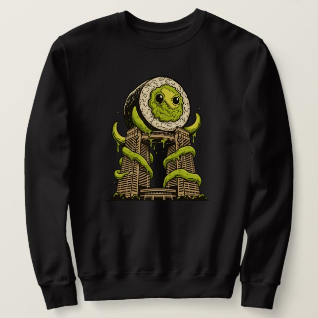 Lustiges Sushi-Monster Kaiju Stadtangriff Design Sweatshirt (Design vorne)