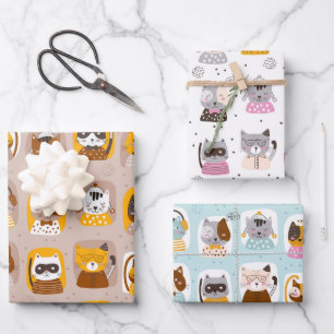 Lustiges süßes Katzen-Wrap-Papier-Set von 3 Geschenkpapier Set