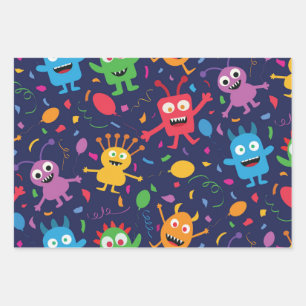 Lustiges süßes Monster-Muster mit Ballons Geschenkpapier Set