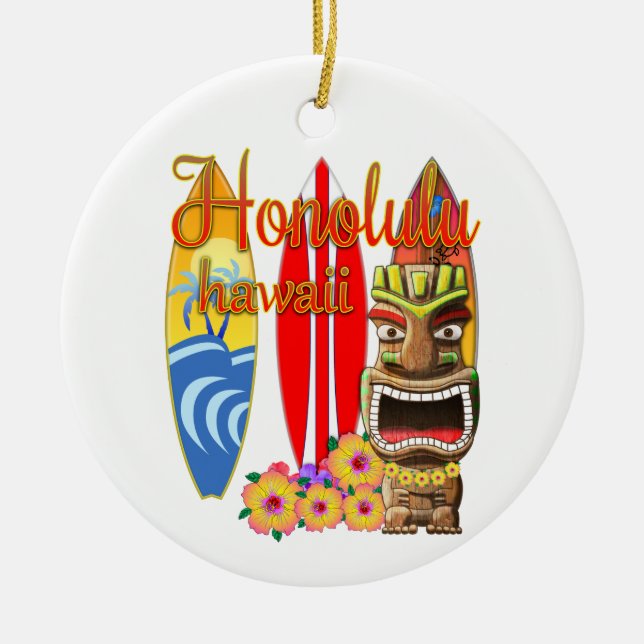 Lustiges Tiki Honolulu Hawaii Surfen Keramik Ornament (Vorne)