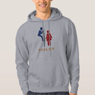 Lustiges Toilettenzeichen mit dem Mann, der den Hoodie