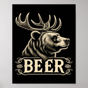 Lustiges Vintage-Bierdesign Bär mit Hirschgeweih F Poster