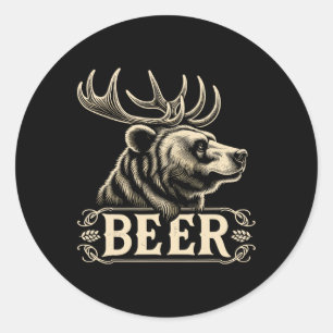Lustiges Vintage-Bierdesign Bär mit Hirschgeweih F Runder Aufkleber