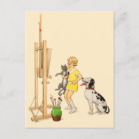 Lustiges Vintage-Mädchen, Hunde-Katzen-Druck von G