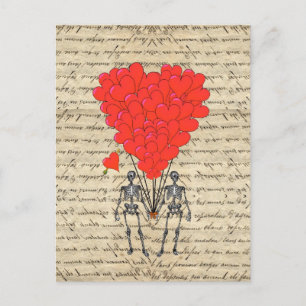 Lustiges vintage Skelett und rotes Herz Postkarte