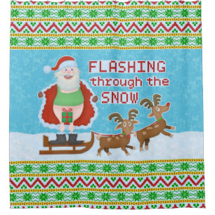 Lustiges Weihnachten Weihnachtsmann, der durch Duschvorhang
