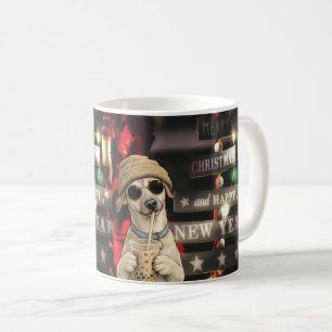 Lustiges Weihnachts-Hund trinkt Bubble Tea Kaffeetasse