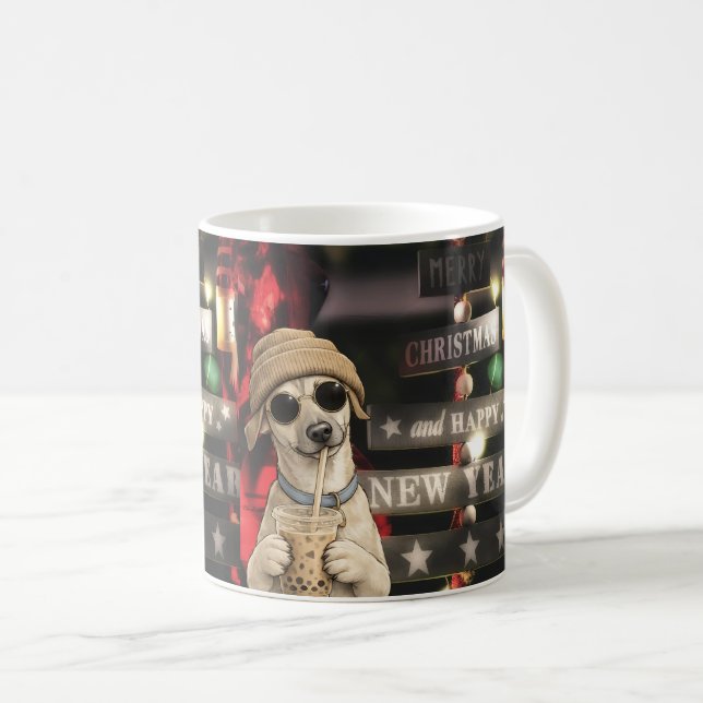 Lustiges Weihnachts-Hund trinkt Bubble Tea Kaffeetasse (VorderseiteRechts)