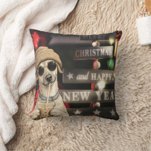 Lustiges Weihnachts-Hund trinkt Bubble Tea Kissen