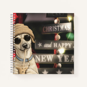 Lustiges Weihnachts-Hund trinkt Bubble Tea Notizbuch