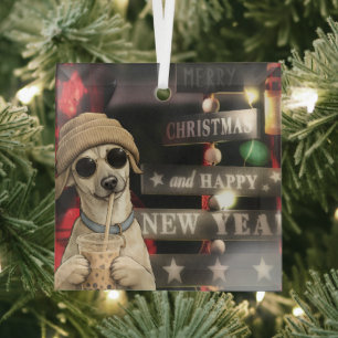 Lustiges Weihnachts-Hund trinkt Bubble Tea Ornament Aus Glas
