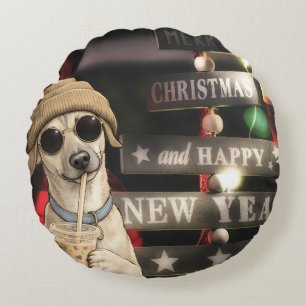 Lustiges Weihnachts-Hund trinkt Bubble Tea Rundes Kissen
