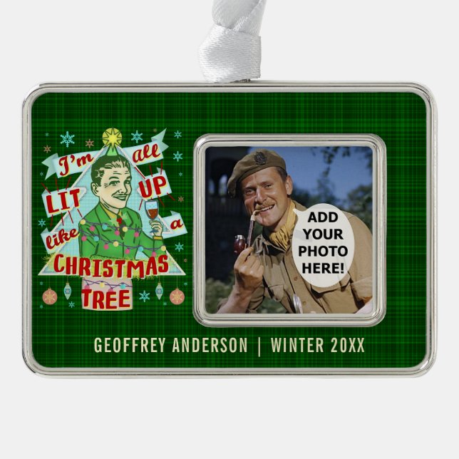 Lustiges WeihnachtsRetro trinkender Spaß-Mann-Lit Rahmen-Ornament Silber (Vorderseite)