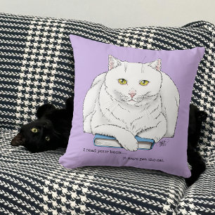 Lustiges Weißes Katzenbuch Lesender Humor Lila Kissen