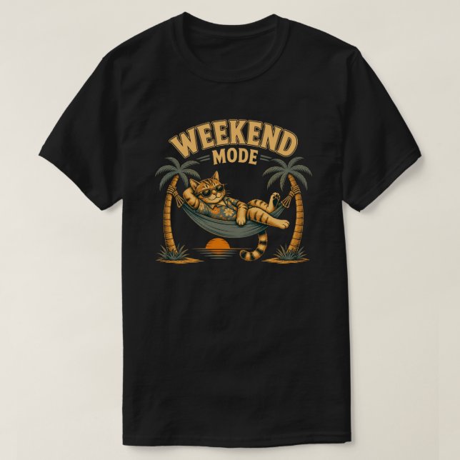 Lustiges Wochenend-Modus-Katze-Design T-Shirt (Design vorne)