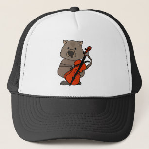 Lustiges Wombat, das Cello-Cartoon spielt Truckerkappe